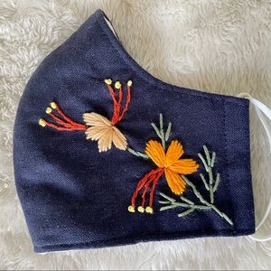 Pure Linen face mask - hand embroidered- Dark blue